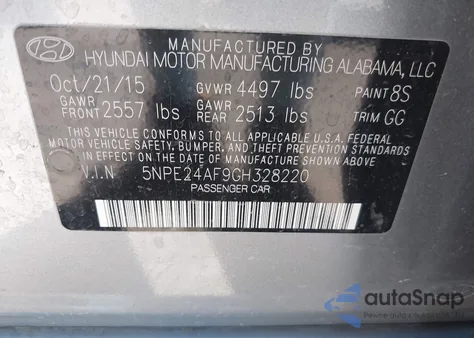 2016 Hyundai Sonata Se из США, поврежденный, VIN 5NPE24AF9GH328220